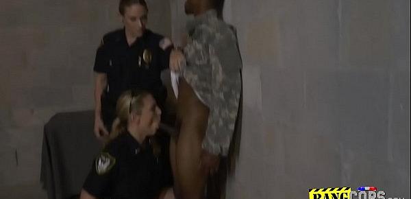  Fake black soldier is having hardcore sex with two big titty MILFs.